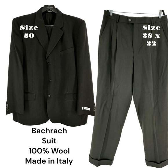 Bachrach Other - NWT Bachrach 100% Wool 2 Piece Suit Made in Italy Black Men Pants 38x32 Suit 50R